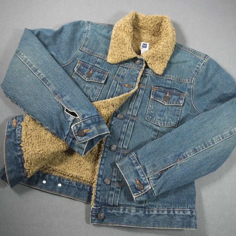 Y2K VTG Gap Sherpa Lined Denim Trucker Work Women Jacket M Fade Western Rodeo